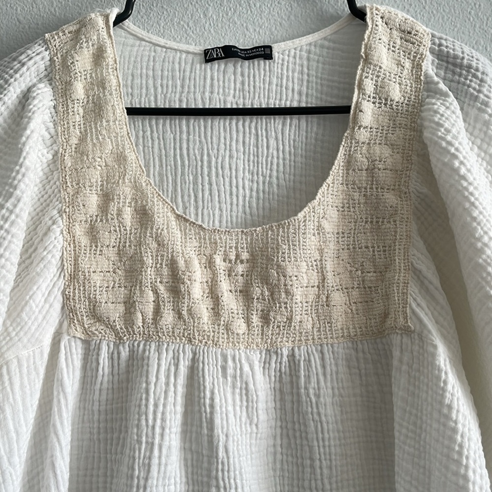 Zara Women’s XS Crochet Lace Short Sleeve Ivory Gauze Tunic Boho Top - Picture 4 of 6